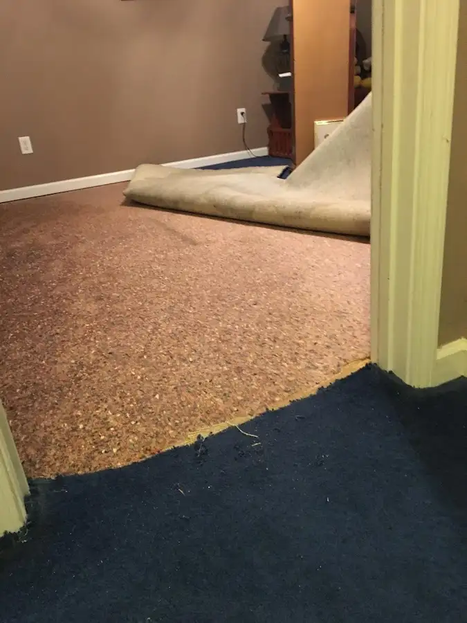 Carpet pad removal revealing water damage during Water Mitigation Services in Hellam